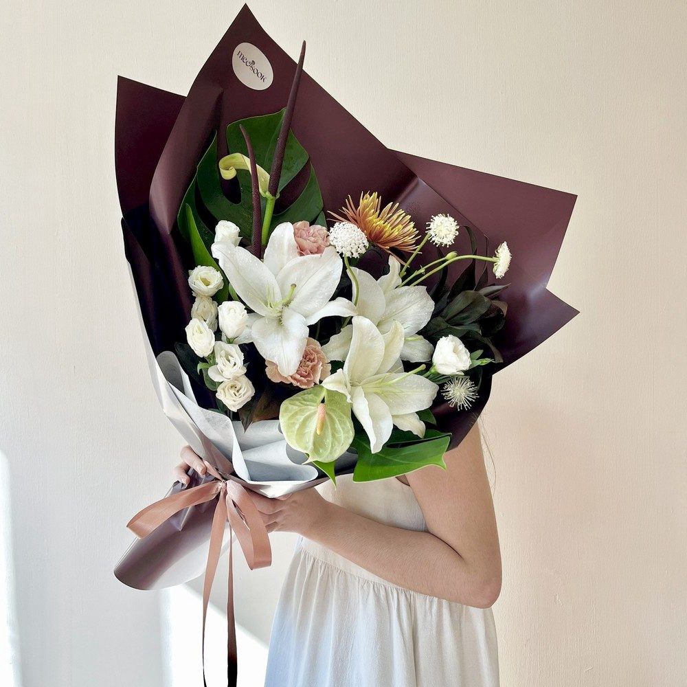 ช่อดอกไม้โทนเขียวจากคอลเลกชัน Playful Green ตัวอย่างผลงานกิจกรรมจัดดอกไม้ที่ร้านมีสุข